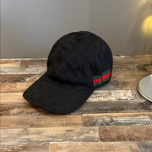 Gucci Black Canvas Cap with Signature Stripe